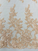 Beaded Rose Flower Fabric - Peach - Embroidered Beaded Long Border Floral Fabric By Yard