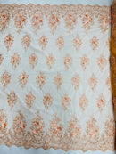 3D Fancy Floral Design Fabric - Peach - 3D Flower Fabric with Small Beads on Lace Sold By Yard