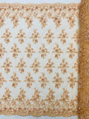 3D Embroidered Floral Fabric - Peach - 3D Rhinestone and Sequins Floral Fabric Sold By Yard