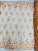 3D Fancy Floral Design Fabric - Peach - 3D Flower Fabric with Small Beads on Lace Sold By Yard