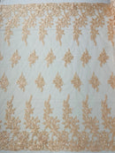 Beaded Rose Flower Fabric - Peach - Embroidered Beaded Long Border Floral Fabric By Yard