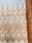 3D Scalloped Border Fabric - Peach - 3D Flowers Embroidered on Lace Sold By Yard