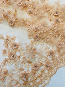 3D Embroidered Floral Fabric - Peach - 3D Rhinestone and Sequins Floral Fabric Sold By Yard