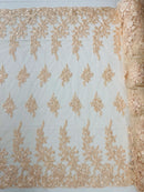 Beaded Rose Flower Fabric - Peach - Embroidered Beaded Long Border Floral Fabric By Yard
