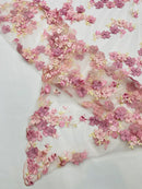 Multi-Color 3D Flower Fabric - Pink / Rose - Multi-Tone 3D Flower Lace Fabrics Sold By Yard