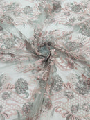 Corded Lace Sequins Fabric - Pink / Silver - Embroidered Fancy Flower and Fish Design Sold By Yard
