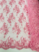 Beaded Flower Sequins Fabric - Pink - Embroidered Beaded Floral Clusters Sequins Fabric By Yard