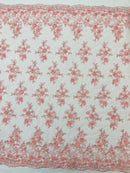 3D Embroidered Floral Fabric - Pink - 3D Rhinestone and Sequins Floral Fabric Sold By Yard
