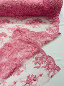 Beaded Flower Sequins Fabric - Pink - Embroidered Beaded Floral Clusters Sequins Fabric By Yard