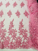 Beaded Rose Flower Fabric - Pink - Embroidered Beaded Long Border Floral Fabric By Yard