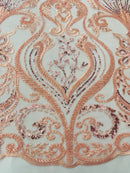 Damask Leaf Bead Fabric - Pink - Heavy Beaded Embroidered Sequins Lace Fabric by Yard