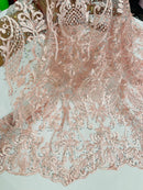 Damask Rhinestone Fabric - Pink - Beaded Embroidery Corded Lace Fabric Sold by Yard