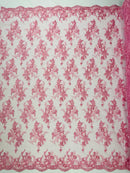 Beaded Flower Sequins Fabric - Pink - Embroidered Beaded Floral Clusters Sequins Fabric By Yard