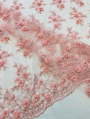 3D Embroidered Floral Fabric - Pink - 3D Rhinestone and Sequins Floral Fabric Sold By Yard