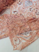 Damask Leaf Bead Fabric - Pink - Heavy Beaded Embroidered Sequins Lace Fabric by Yard