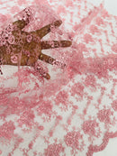 Embroidered Flower Fabric - Pink - Floral Design Scalloped Border Fabric By Yard