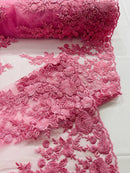 Beaded Rose Flower Fabric - Pink - Embroidered Beaded Long Border Floral Fabric By Yard