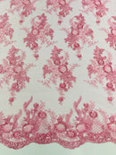 Beaded Flower Sequins Fabric - Pink - Embroidered Beaded Floral Clusters Sequins Fabric By Yard