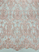 Damask Rhinestone Fabric - Pink - Beaded Embroidery Corded Lace Fabric Sold by Yard