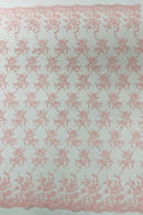 Embroidered Corded Lace Fabric - Pink - Cluster Fancy Flower Embroidered Lace Fabric By Yard