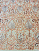 Damask Leaf Bead Fabric - Pink - Heavy Beaded Embroidered Sequins Lace Fabric by Yard