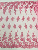 Beaded Rose Flower Fabric - Pink - Embroidered Beaded Long Border Floral Fabric By Yard