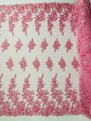 Beaded Rose Flower Fabric - Pink - Embroidered Beaded Long Border Floral Fabric By Yard