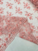 3D Embroidered Floral Fabric - Pink - 3D Rhinestone and Sequins Floral Fabric Sold By Yard