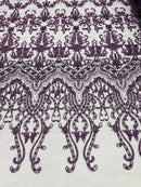Damask Bead Fabric - Plum - Embroidered Glamorous Fabric with Round Beads Sold By Yard
