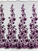 Flower 3D Fabric - Plum - Embroided Fabric Flower Pearls and Leaf Decor Sold by The Yard
