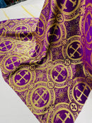 Brocade Cross Fabric - Purple / Gold - Church Vestment Religious Jacquard Fabric By Yard