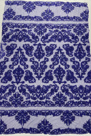 Beaded My Lady Damask Design - Purple - Beaded Fancy Damask Embroidered Fabric By Yard