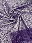 3D Beaded Mesh Fabric - Purple - Embroidered Beaded Lace Mesh Fabric with Small Sequins Sold By Yard