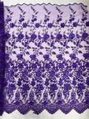 3D Scalloped Border Fabric - Purple - 3D Flowers Embroidered on Lace Sold By Yard
