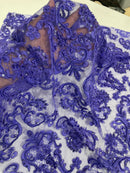Beaded My Lady Damask Design - Purple - Beaded Fancy Damask Embroidered Fabric By Yard