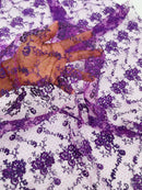 Embroidered Flower Fabric - Purple - Floral Design Scalloped Border Fabric By Yard