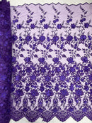3D Scalloped Border Fabric - Purple - 3D Flowers Embroidered on Lace Sold By Yard