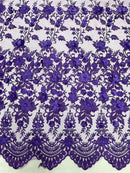 3D Scalloped Border Fabric - Purple - 3D Flowers Embroidered on Lace Sold By Yard