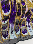 2 Yards 1/2 Multi-Color Sequins Design - Purple / Aqua / Gold - 4 Way Stretch Sequins Fabric