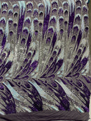 Multi-Color Sequins Design - Purple / Aqua / Silver - 4 Way Stretch Sequins Fabric By The Yard