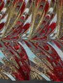 2 Yars 1/2 Multi-Color Sequins Design - Red / Gold / Aqua - 4 Way Stretch Sequins Fabric By The Yard