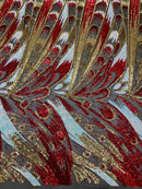 2 Yars 1/2 Multi-Color Sequins Design - Red / Gold / Aqua - 4 Way Stretch Sequins Fabric By The Yard