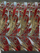 2 Yars 1/2 Multi-Color Sequins Design - Red / Gold / Aqua - 4 Way Stretch Sequins Fabric By The Yard