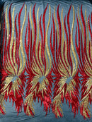 Phoenix Wing Sequins - Red / Gold - 4 Way Stretch Wings Pattern Design Fabric By Yard