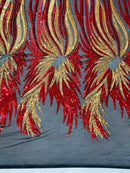 Phoenix Wing Sequins - Red / Gold - 4 Way Stretch Wings Pattern Design Fabric By Yard