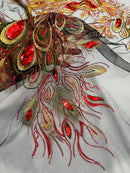 Peacock Feathers Lace Fabric - Red / Gold on Black Peacock Feather Design Lace Mesh Fabric by Panel