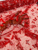 3D Butterfly Beaded Fabric - Red / Silver - Beaded Sequins Butterfly Embroidered Fabric By Yard