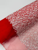 Small Beaded Flower Pearl Fabric - Red / White - Pearls and Beads Embroidered Fabric By Yard
