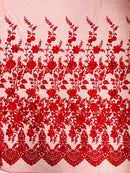 3D Scalloped Border Fabric - Red - 3D Flowers Embroidered on Lace Sold By Yard