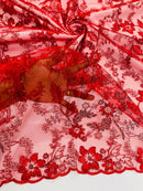 Floral Metallic Lace Fabric - Red - Corded Embroidered Floral Sequins Fabric by Yard
